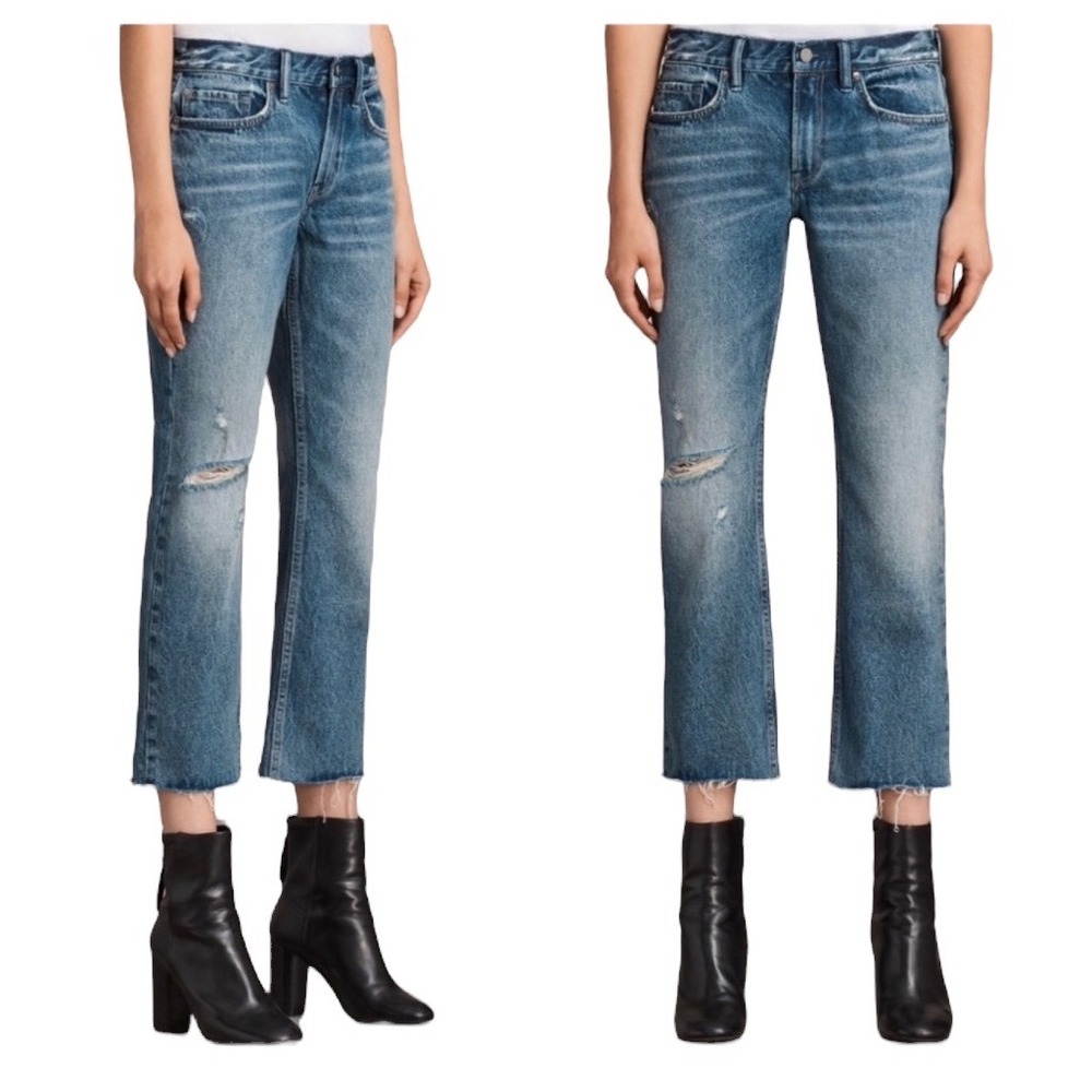 ALLSAINTS‎ Serene Destroy Kick Flare Jeans Size 25 Distressed Raw Hem Blue Denim